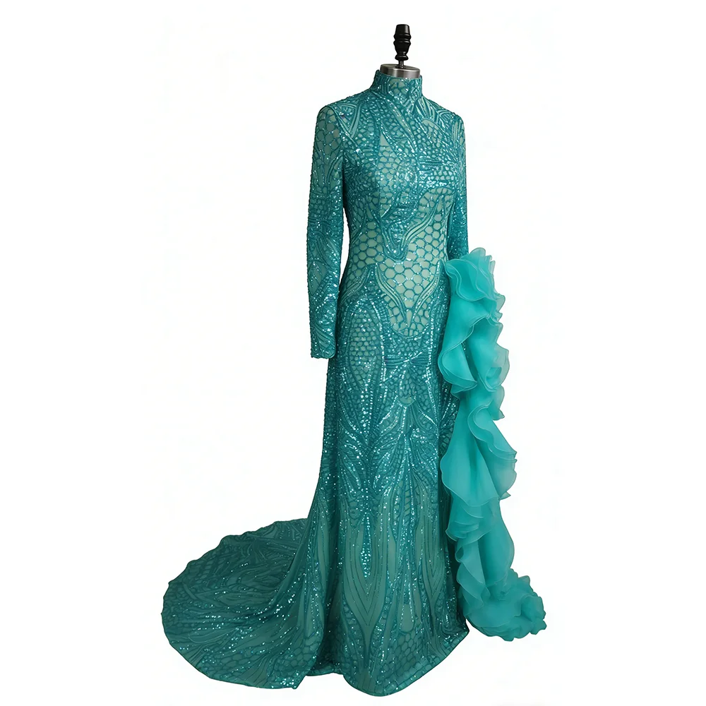 

Elegant High Collar Lace Full Sleeve Ruched Mermaid Formal Evening Dresses Birthday Party Prom Gowns Customized