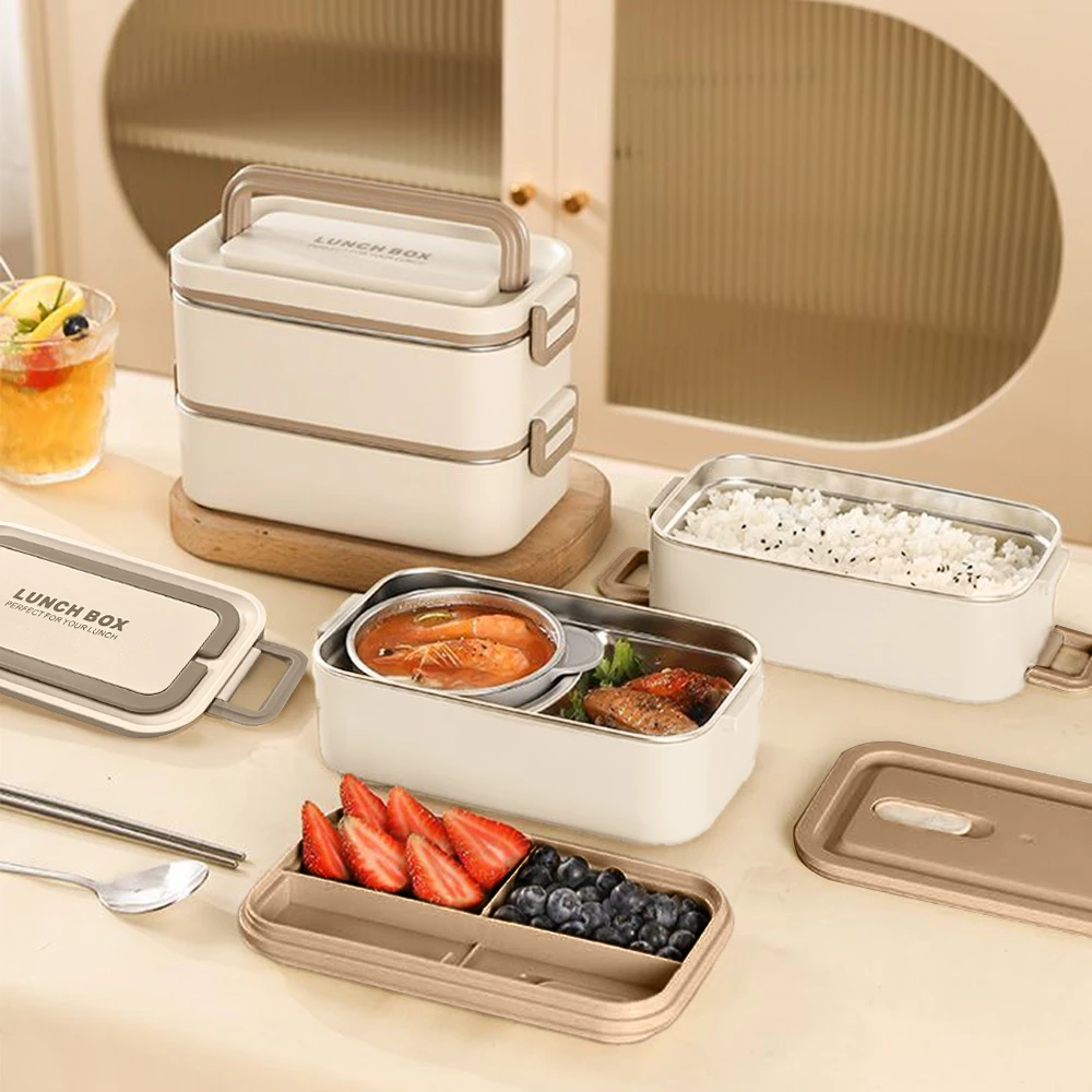 304 stainless steel thickened 3-layer lunch box, microwave heatable, equipped with spoon and chopsticks, sealed and leak proof