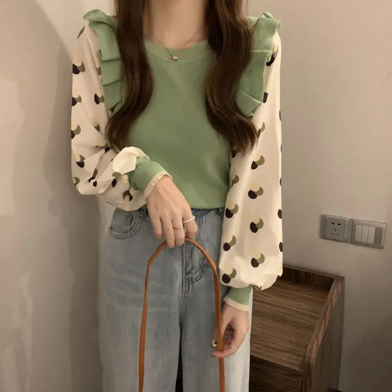 Autumn New Original Design Fake Two-piece Spliced Long Sleeved Knitted Shirt Fashion Casual Loose Elegant Versatile Women\'s Top