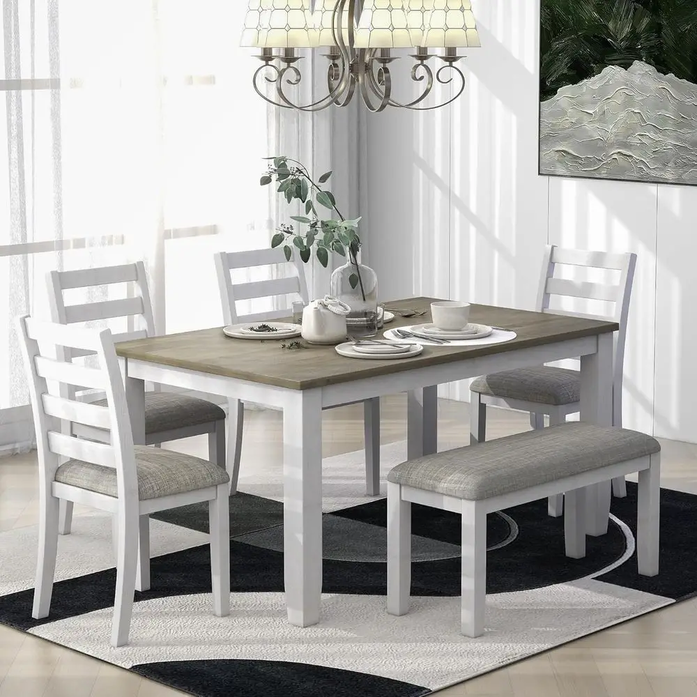 

Solid Wood 60 Dining Table Set with 4 Chairs & Bench, Brown Whitewash Finish
