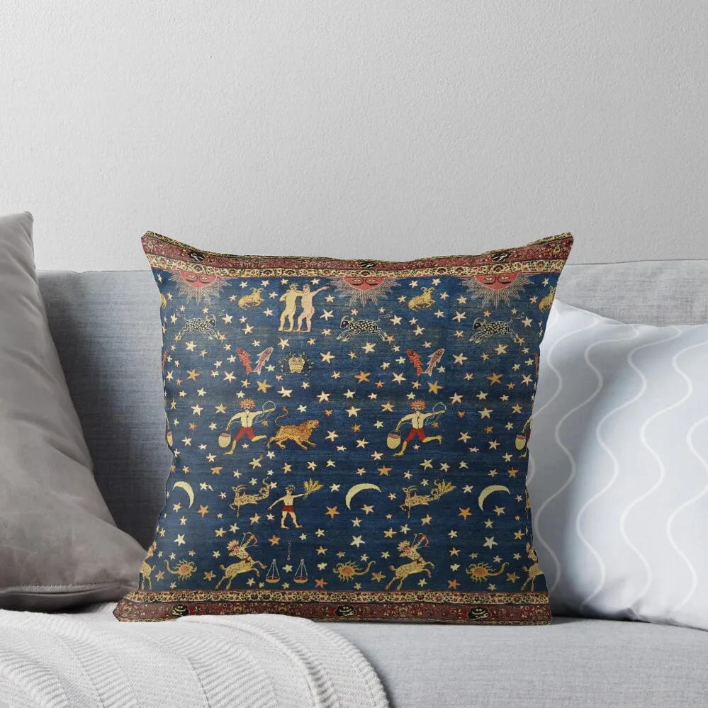 

ANTIQUE PERSIAN CARPET WITH ZODIACAL SIGNS,STARS IN BLUE SKY Throw Pillow Cushion Cover Set Couch Cushions Cushions Cover pillow