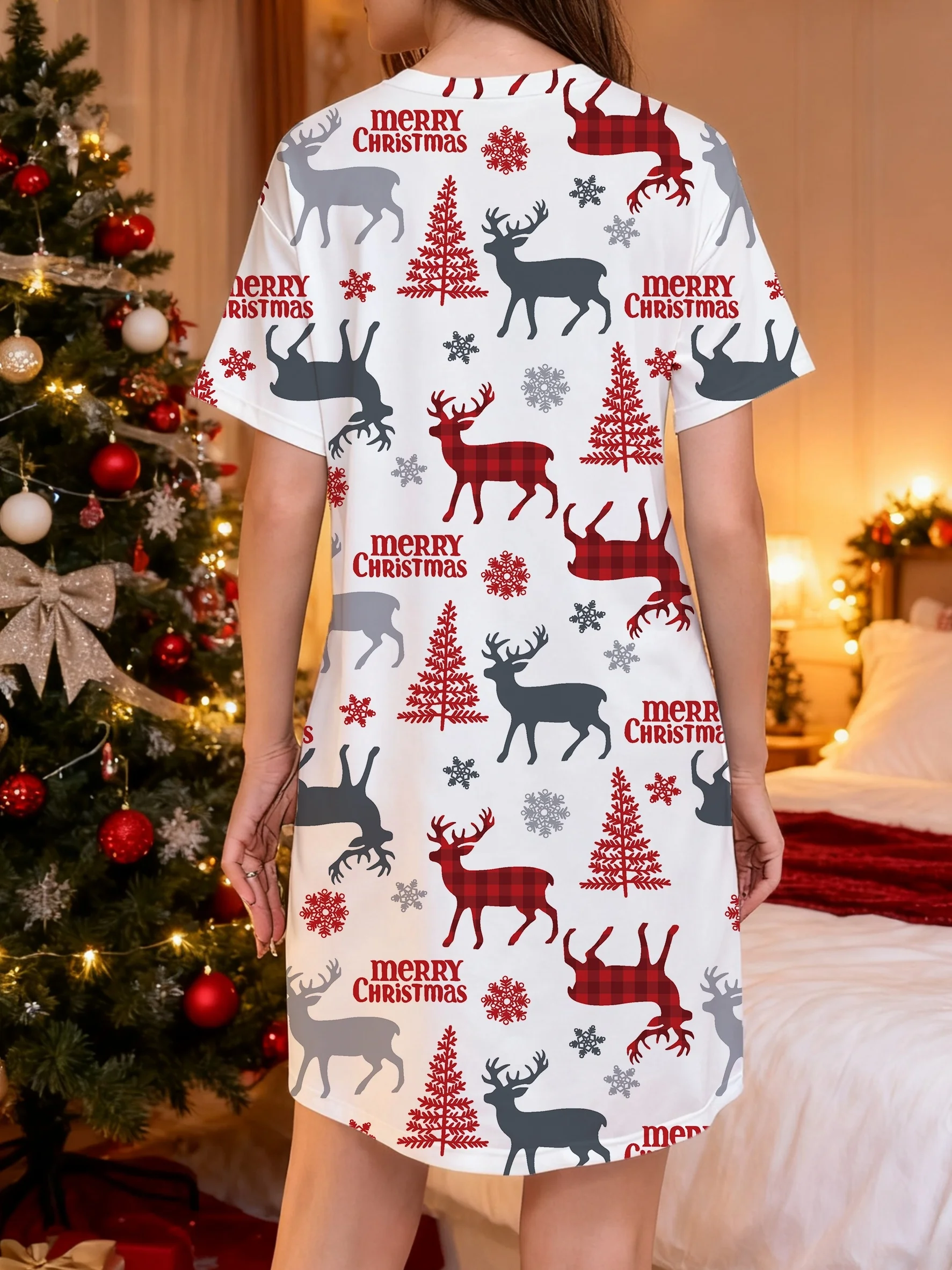  Women's Elegant Christmas Red Plaid Reindeer & Merry Christmas Lettering T-Shirt Dress Short Sleeve A-Line Holiday Party Dress