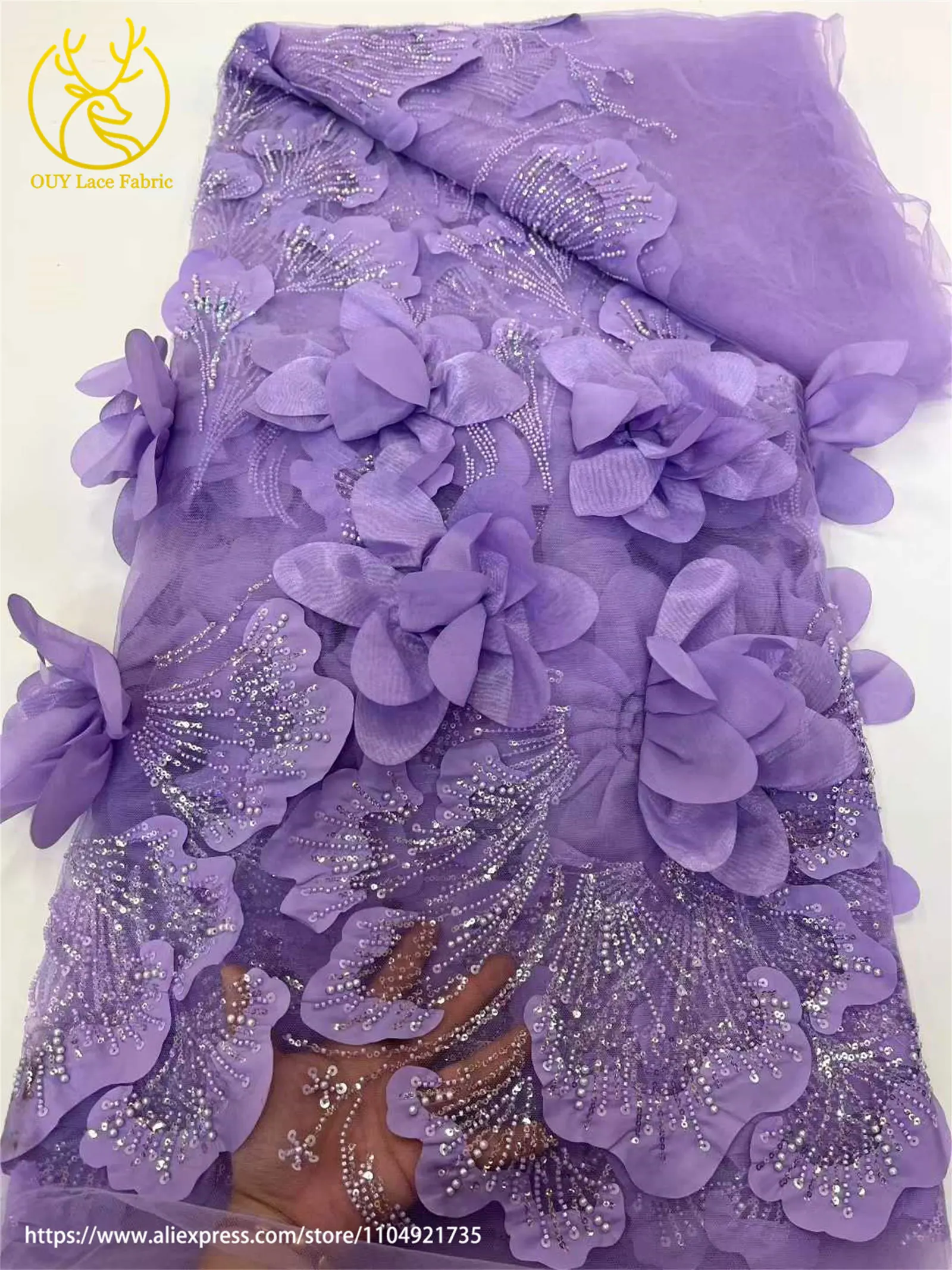 3D Blumenmuster Afrikanischer Braut-Spitzenstoff 2026 Neueste Französische Nigerianische Pailletten-Spitze für Brautkleider und Hochzeitsmode – Detail 8