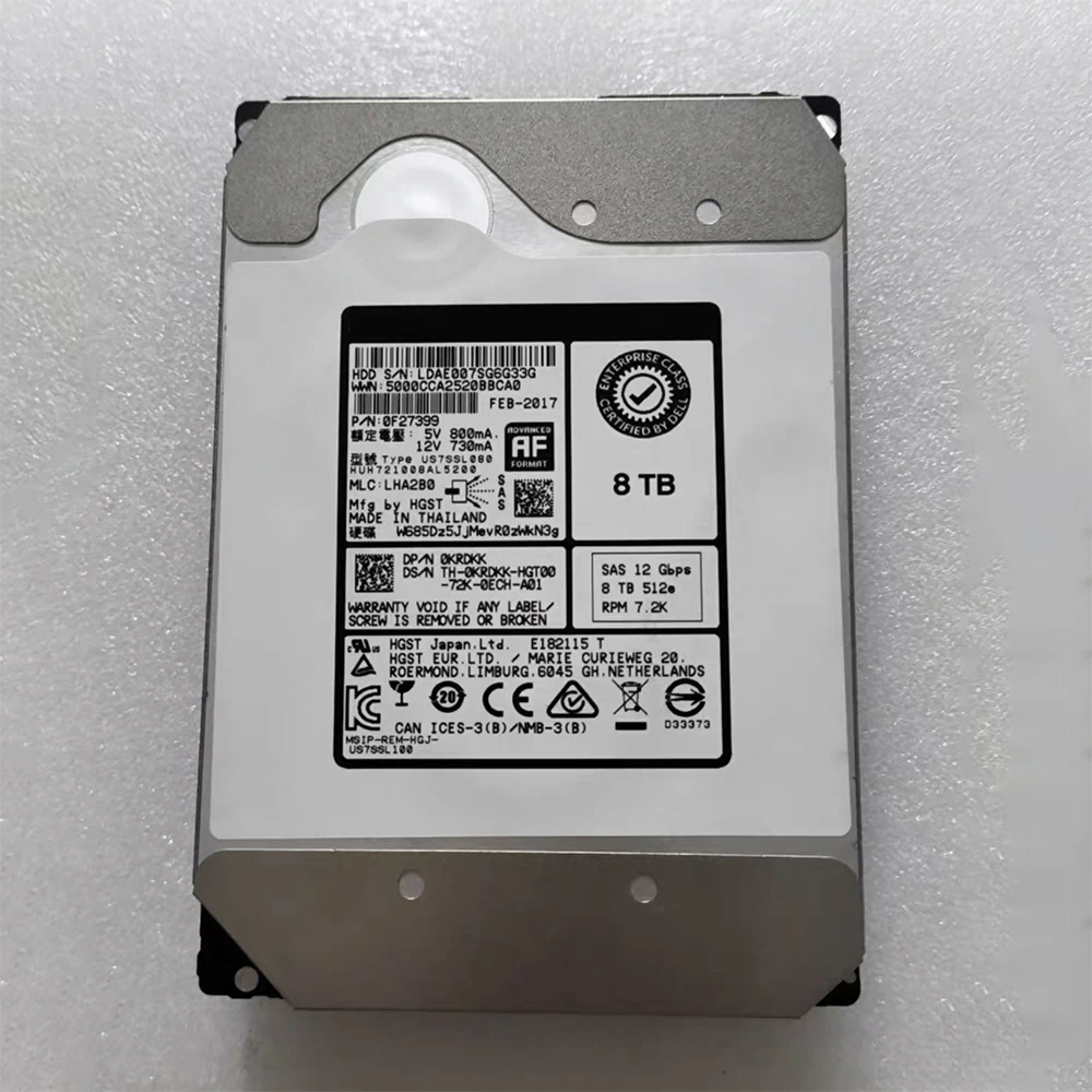 8TB For DELL 0KRDKK 12G SAS HUH721008AL5200 Server Hard Drive 3.5''