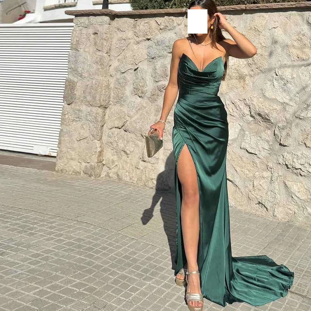 

Green Straight Sleeveless Satin Strapless Floor Length Evening Dress Sexy Pleats Sweep Train Saudi Arabia Vestido De Noche