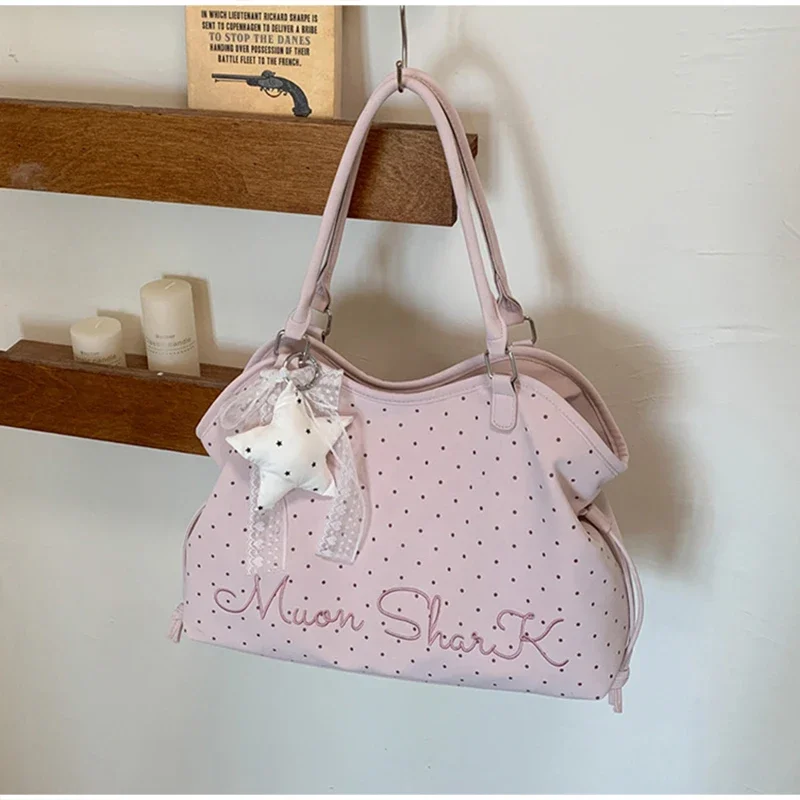 Koreanische große Canvas-Tragetasche mit Polka-Dot-Sternmuster, süße, edgy Schultertasche im Ballett-Schleifen-Stil, vielseitige Damen-Handtasche für den Arbeitsweg – Detail 14