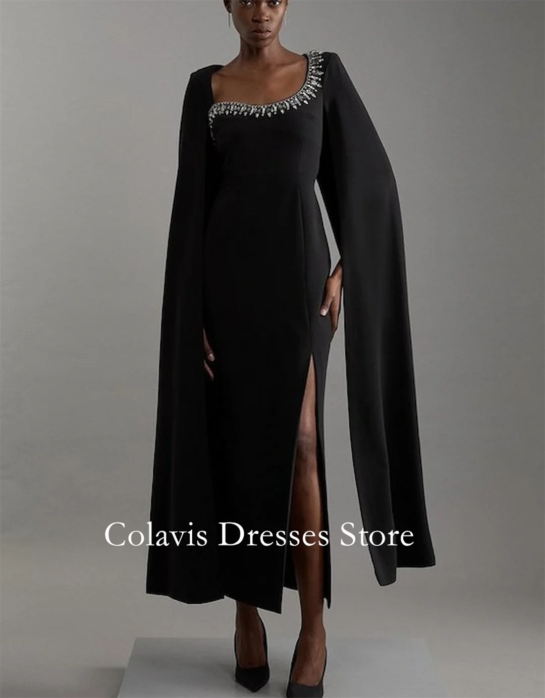 

2025 Customized Petite Crystal Embellished Viscose Crepe Woven Cape Maxi Evening Dress Women Evening Gowns Formal Party Dress
