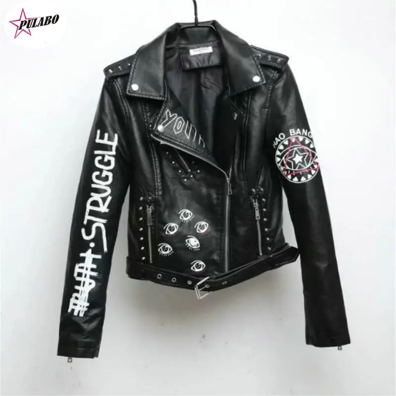 

PULABO y2k Women Autumn Winter Faux Soft Leather Jackets Coats Lady Black PU Rivet Zipper Epaulet 3D Print Motorcycle Streetwear