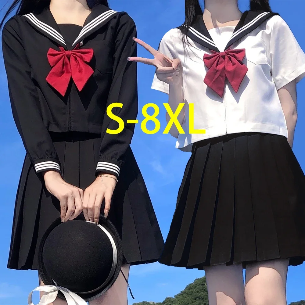 Japanese School Uniform Girl Jk Suits S-8XL Plus Size White Two Black Three Line Basic Sailor Summer Sexy Pleated Skirt Women