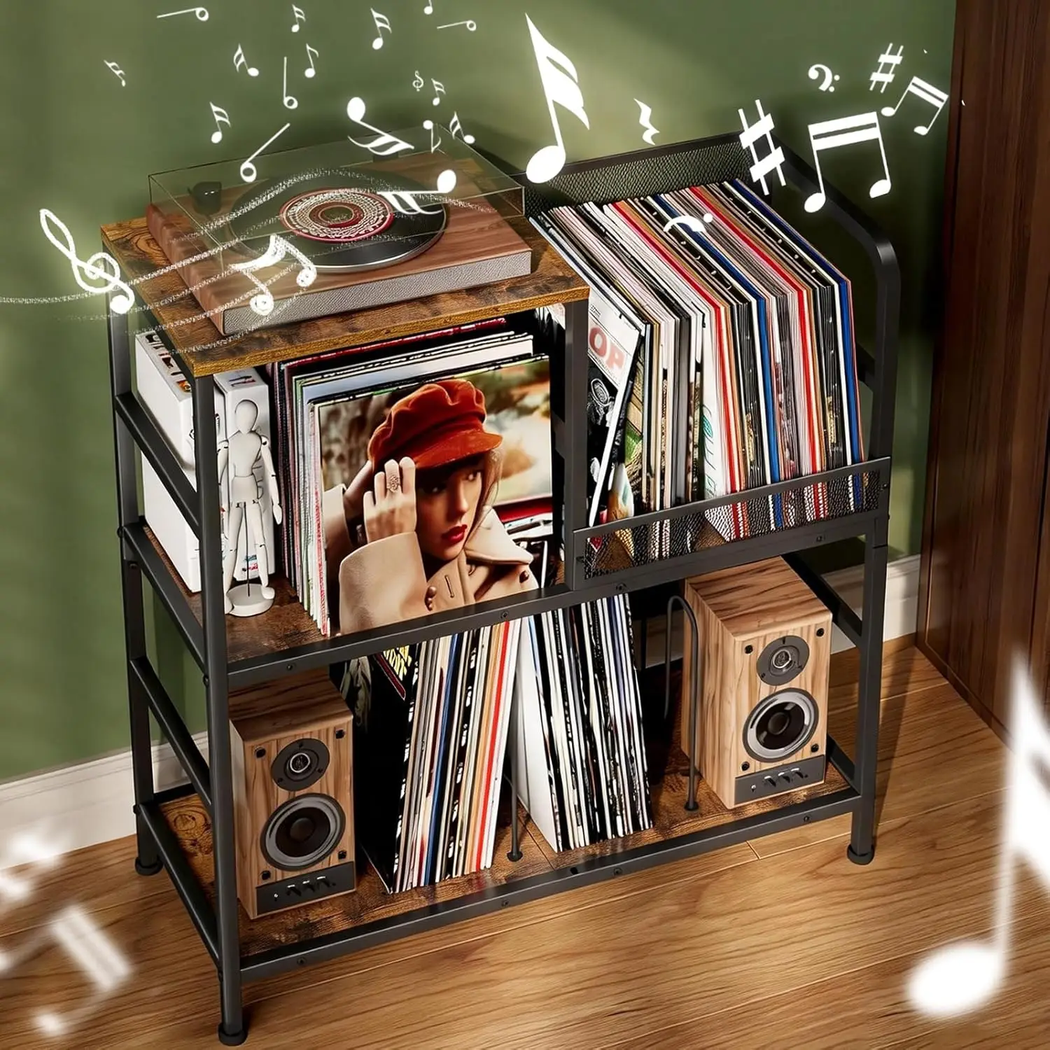 Vintage Turntable Stand with Adjustable Dividers, Holds 150 Albums, End Table Vinyl Record Holder