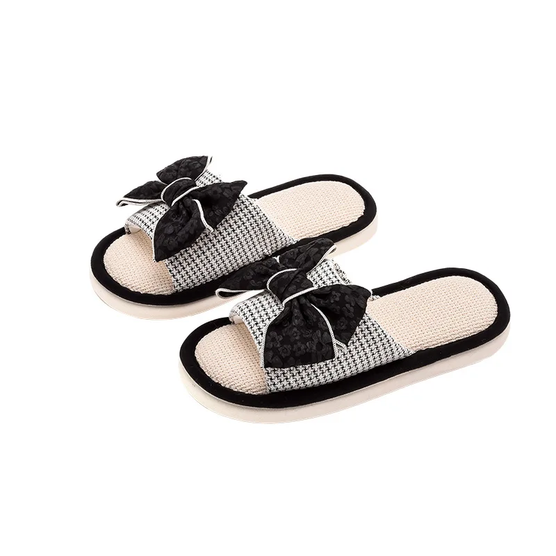 European and American Thick Soled Home Cotton Linen Slippers for Women Cherry Blossom Bow Linen Slippers Indoor Cool Shoes