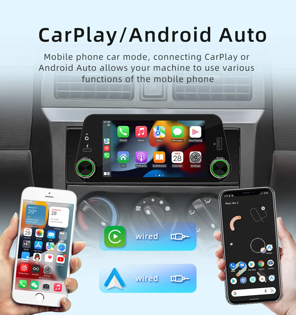 5 Inch Single Din Car Stereo Apple CarPlay/Android Auto/Mirror-Link, Radio Receiver with Bluetooth 5.1 Handsfree FM USB
