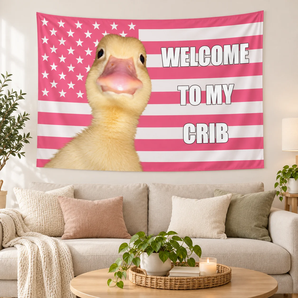 Pink American Flag Banner Welcome to My Home, Humorous Fabric Poster Wall Hanging, Indoor Outdoor Decor for Dorm, Garden Yard