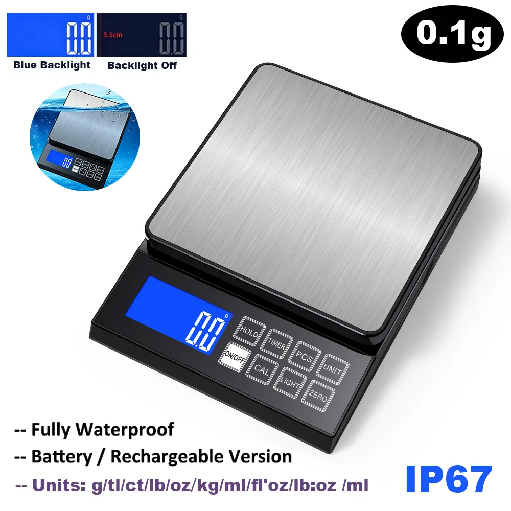 LCD Digital Kitchen Scale 3/5/10kg 0.1g Electronic Scale Waterproof Stainless Steel Panel Measuring Weighing Baking Tools