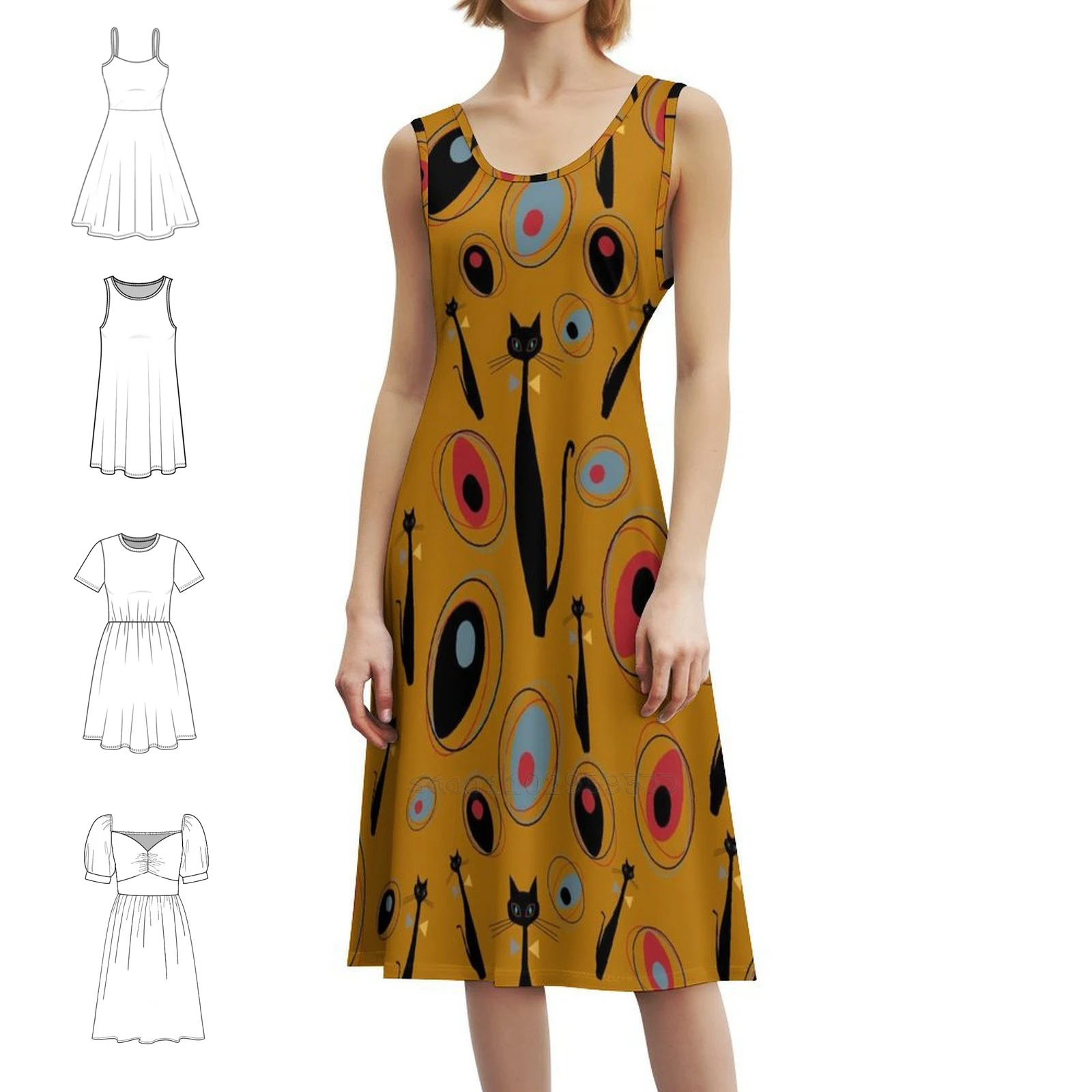 منتصف القرن الفن الحديث |   فستان Atomic Cats 1.2 بنصف قطرة على شكل قلب فستان أنيق للحفلات الصيفية للنساء بنمط القطط