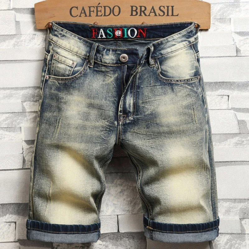 Celana pendek DENIM ของนักขี่จักรยานย้อนยุคใหม่ฤดูร้อนของผู้ชายคร็อปแพนท์ที่เพรียวบางลำลองแฟชั่นแบบสตรีทมีความสุข