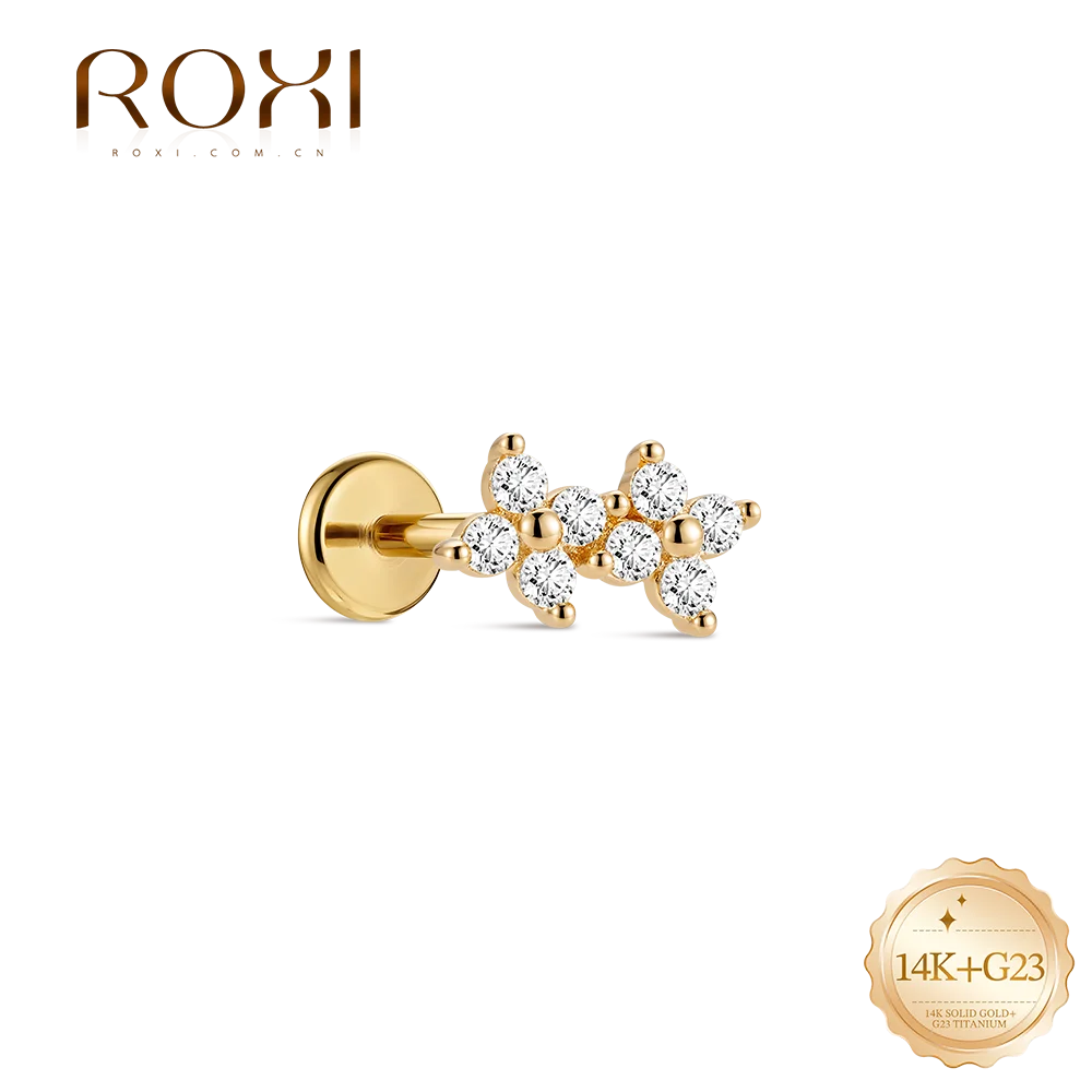 ROXI 1PC 14K Solid Gold Classic Minimalist Double Flower CZ Piercing Cartilage Stud Daily Party Wedding Ear Jewelry