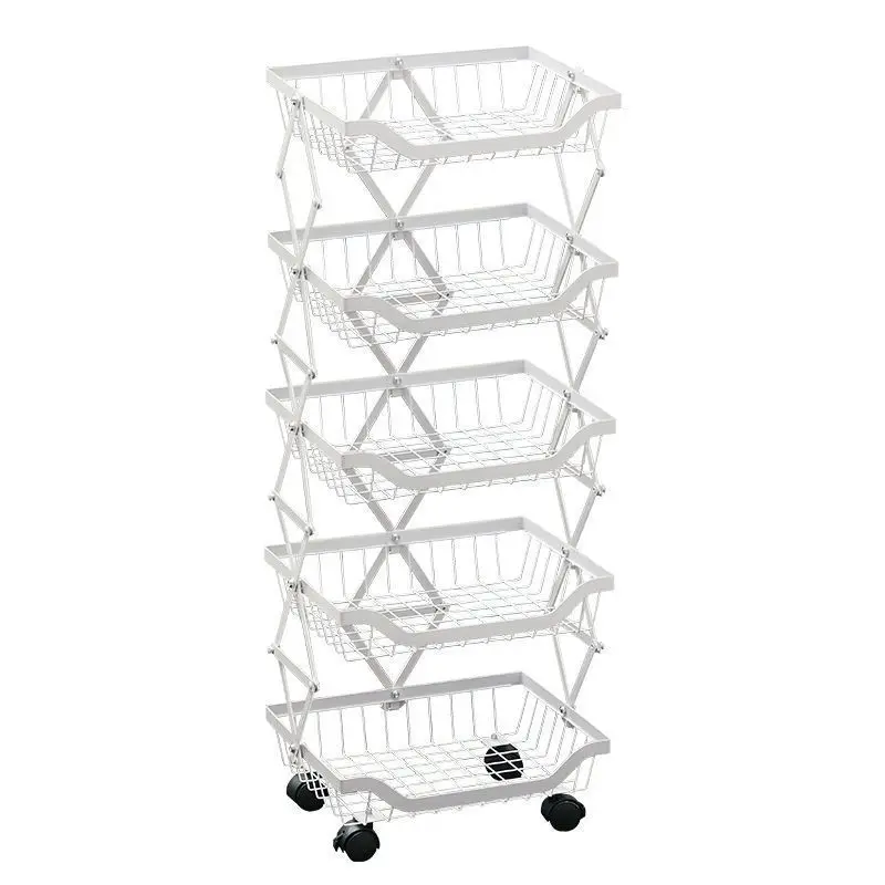 

Foldable Metal Utility Cart Kitchen Pantry Storage Organizer with Wheel No Assembly Required for Fruit Vegetable Baskets