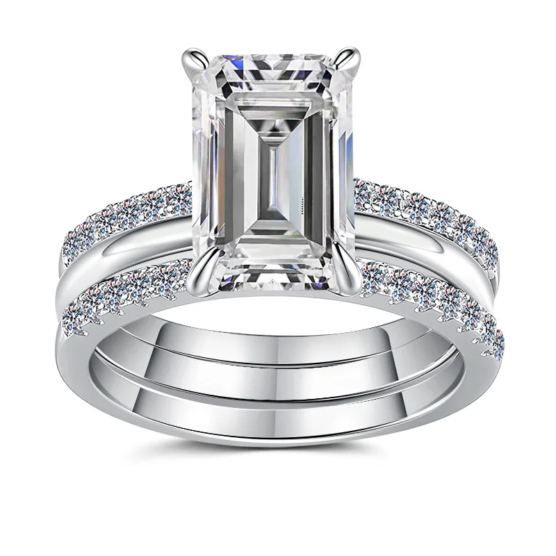 Women PT950 Platinum Stackable Emerald Cut Ring Set Straight Row Ring, 5 Carat Moissanite Decor Ring Beautifying Hand Lines