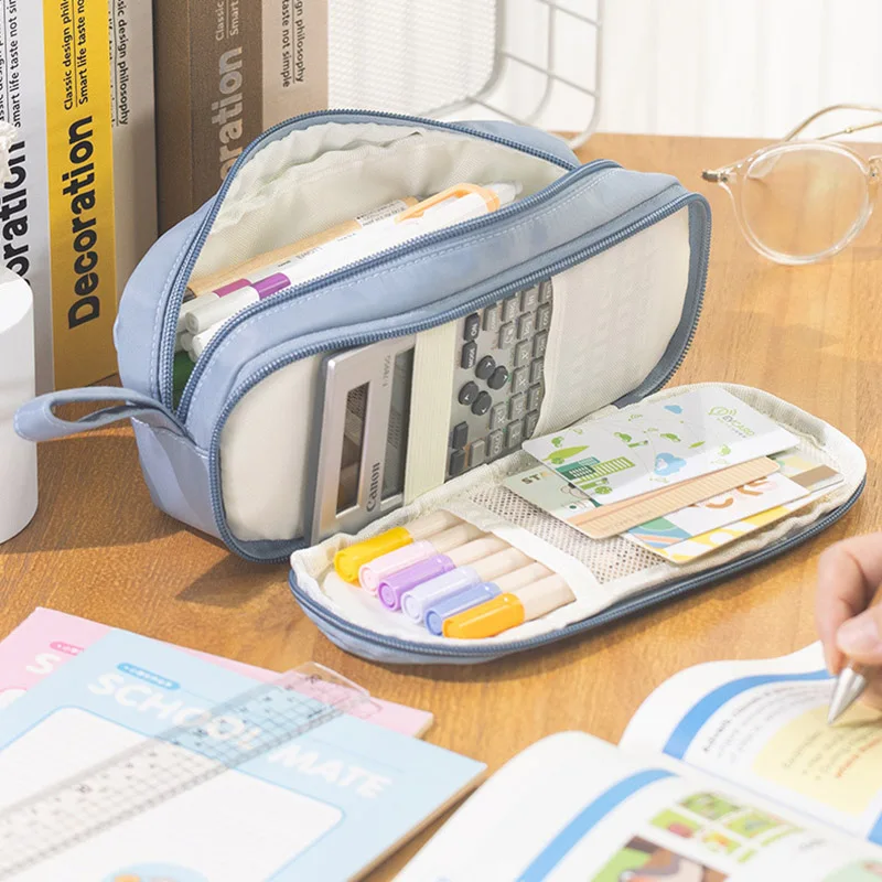 Portable Pencil Case Solid Color Multilayer Student Pen Bag Junior Students Stationery Prize Large Capacity Pencil Bag