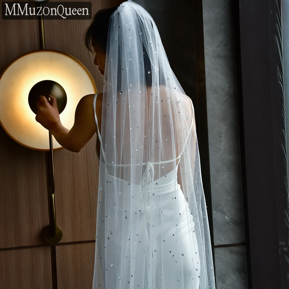 MMQ M58 High-Quality Silver Diamond Layer Long Trailing Veil With Hair Comb Soft Tulle Bridal Wedding Cathedral Veil