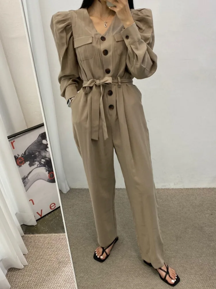 

Ele Long Sve Bubble Onesie для женщин, прямые брюки с v-образным вырезом и завязкой на талии, осенний сезон, высокое качество, женская мода