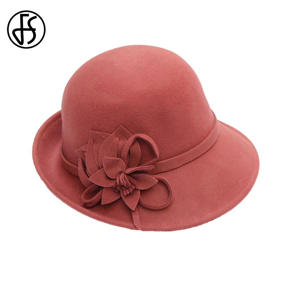 

FS 2024 Wool Felt Fedora Little Top Hats for Woman Elegant Flower Bucket Cap Lady Winter Fashion Female Wedding Woolen Millinery