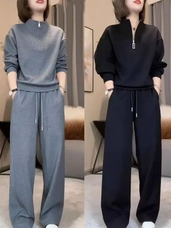 Fashionable Large Size Women's Autumn Sweatshirt Sporty Casual Two-Piece Set High Waist Wide Leg Pants Age-Defying Style