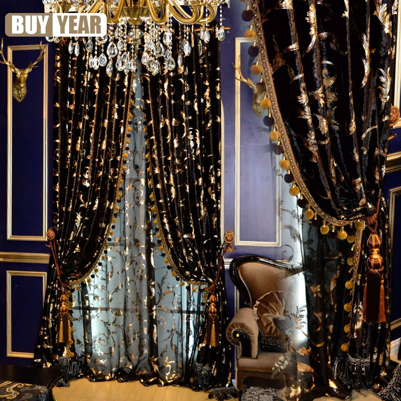 

European Luxury Curtains Black Gold American Velvet Bronze Double Layer Curtains for Living Dining room Bedroom Tulle Custom