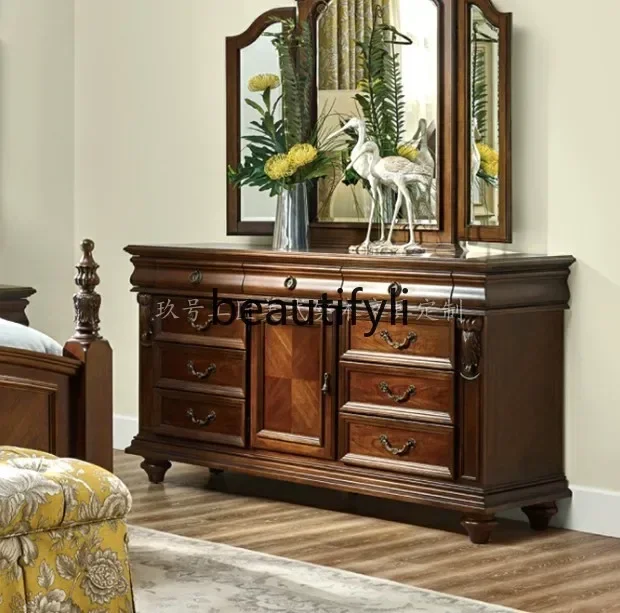

American Township All Solid Wood Furniture Carved Folding Mirror Storage 9 Bucket Cabinet Dresser Birch0420