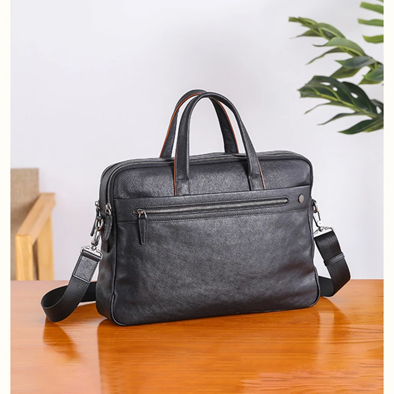 BJYL Men's Handbag Leather Business Casual Single Shoulder Bag Computer Briefcase Large Capacity Head Layer Cowhide Vintage Soft