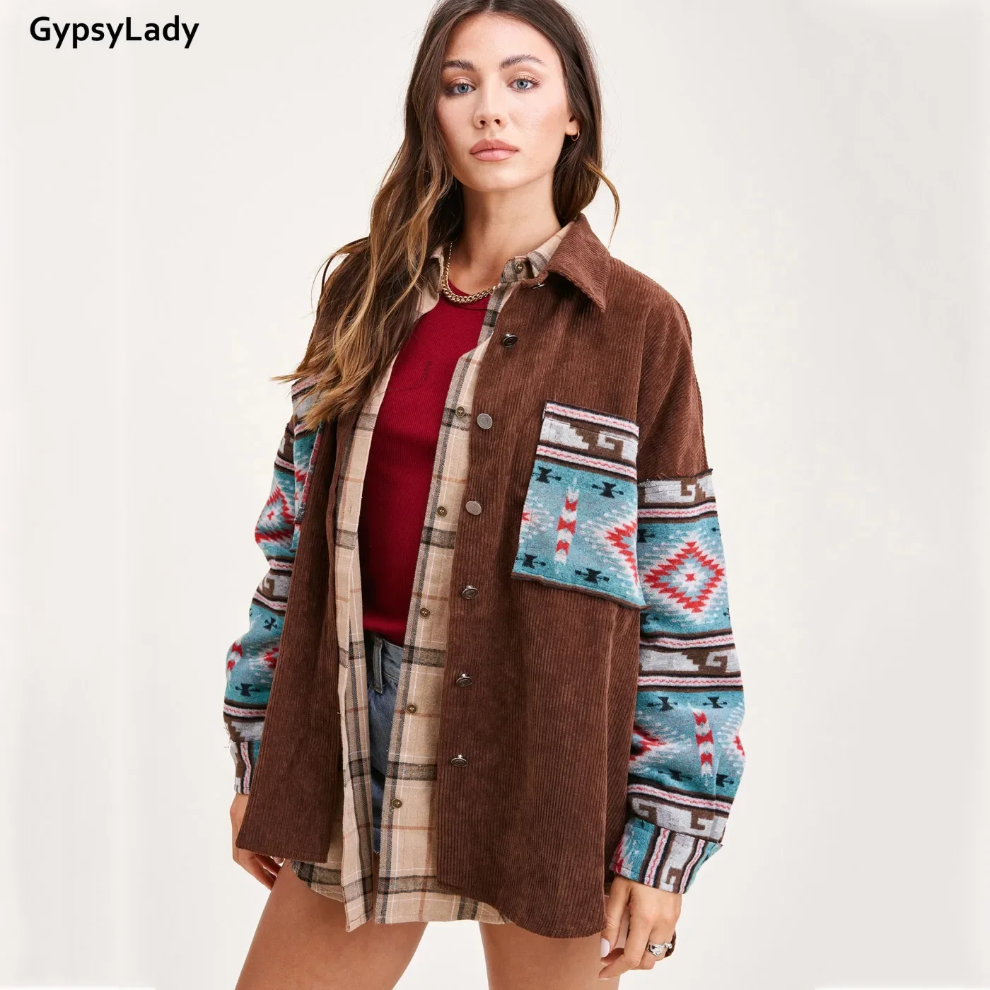 GypsyLady giacche in velluto a coste con stampa floreale cappotto Vintage Boho giacche da donna allentate cappotti tasca autunno inverno giacca