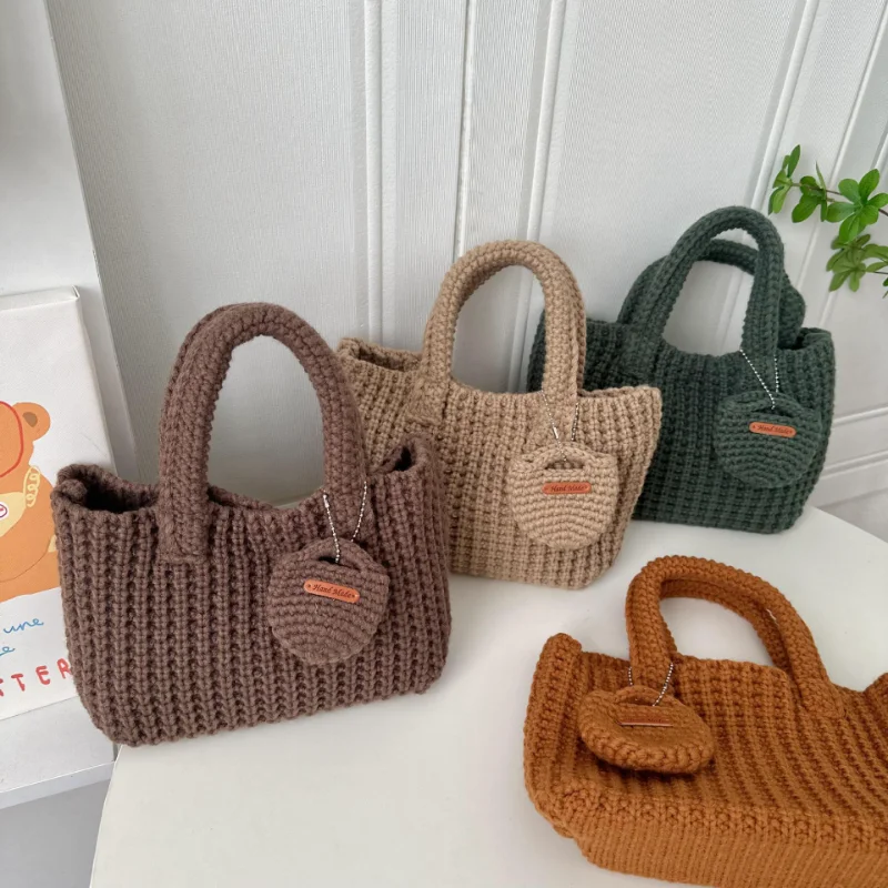 Woven Bag Solid Color Handmade Crochet Bag Cute Woolen Handbag Autumn and Winter Wear Mobile Phone Bag