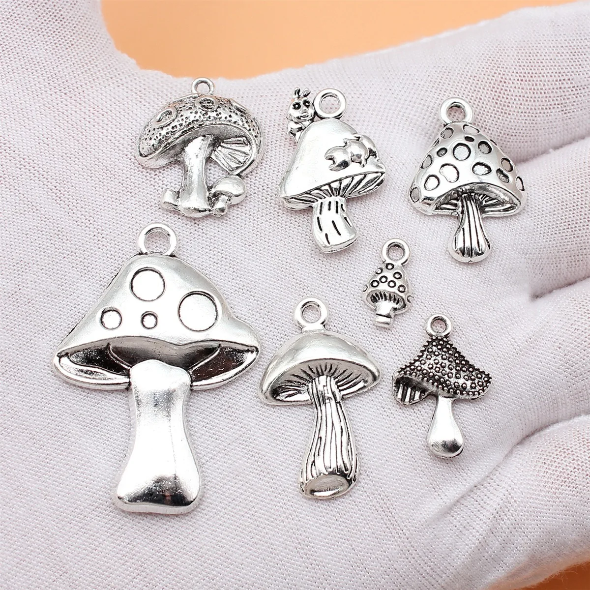 7pcs Antique Silver Color Mushroom Charms Collection For DIY Jewelry Making, 7 Styles, 1 of Each