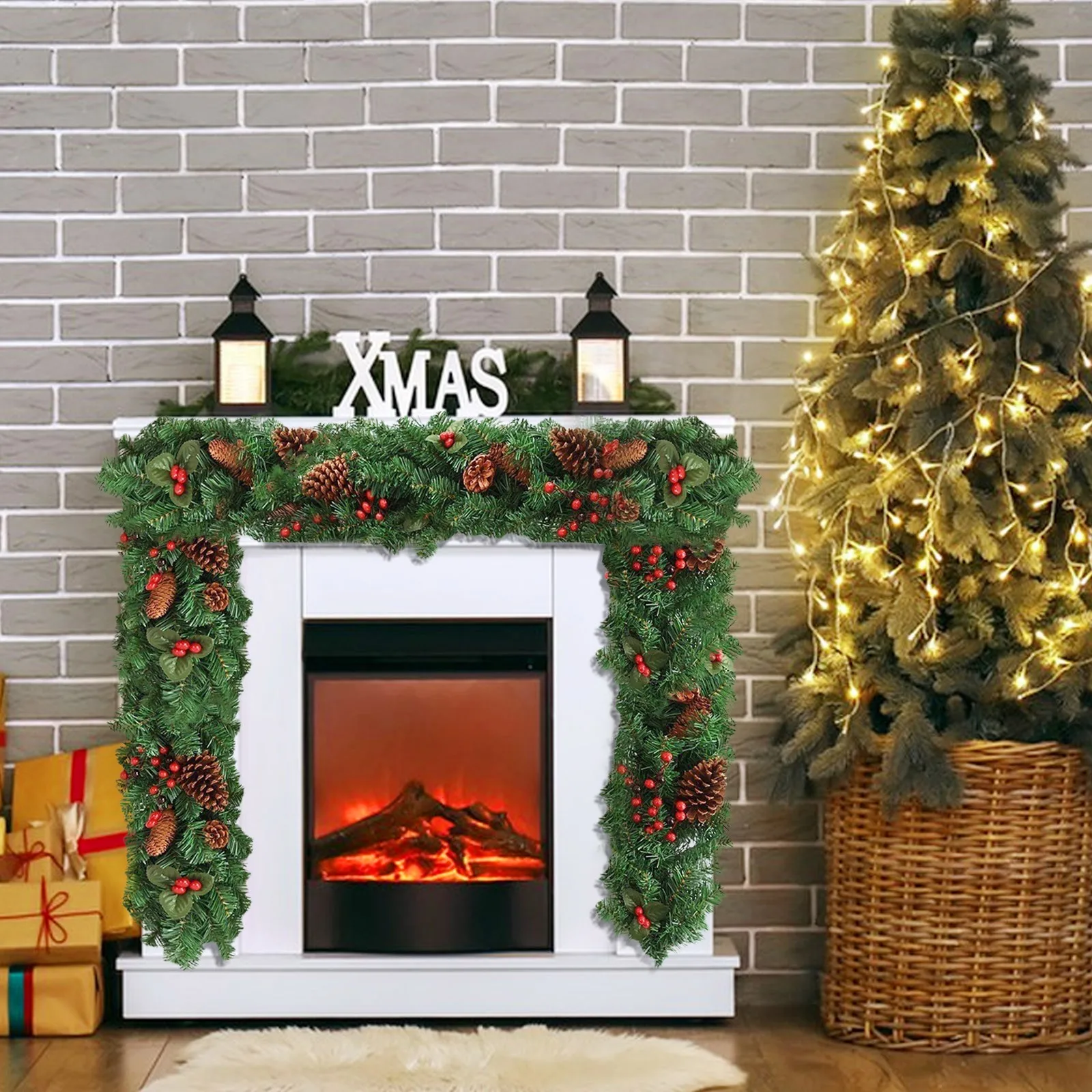 إكليل عيد الميلاد ديكور إكليل صناعي أخضر مع مخاريط وتوت أحمر، ديكور صناعي للداخلية والخارجية، الحديقة