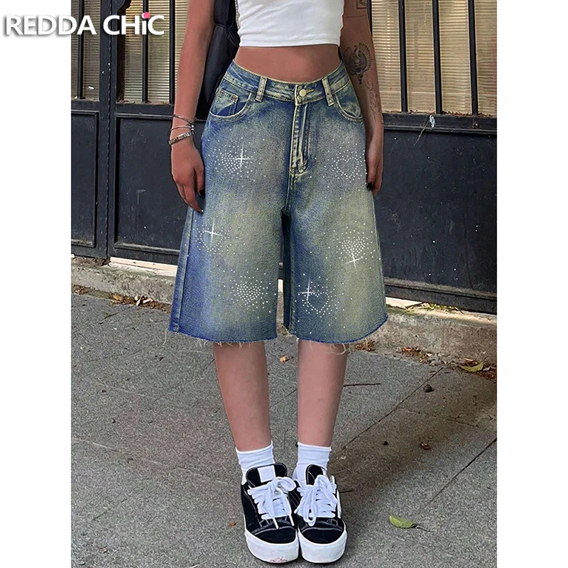 ReddaChic Sparkly Denim Bermuda Pants Women Heart Diamond Vintage Washed Straight Loose Jeans Jort Skater Casual Hiphop Clothes