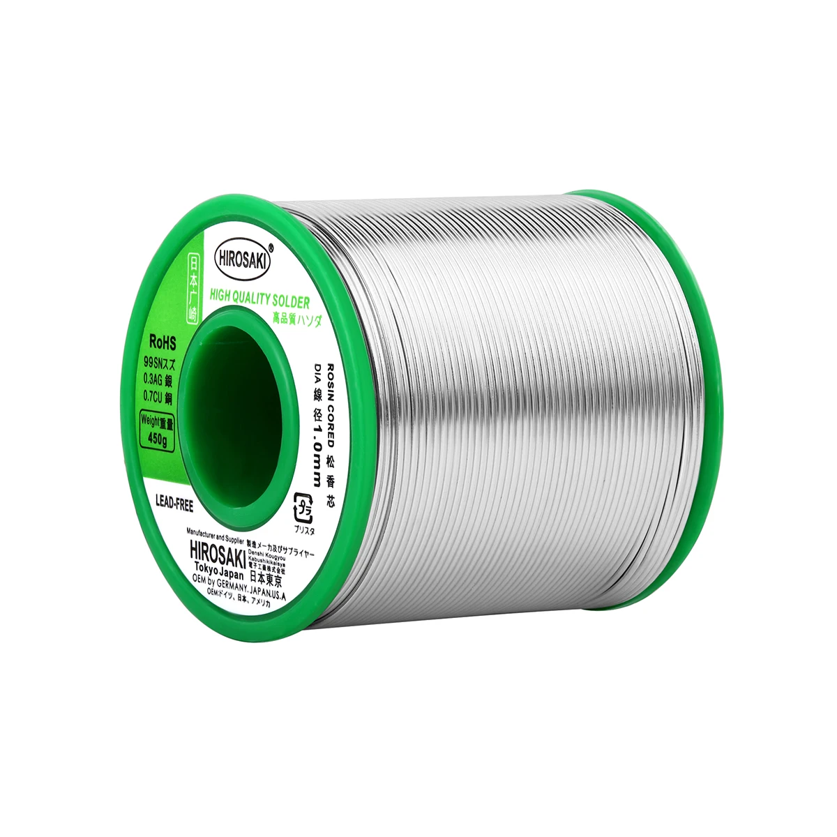 Japan HIROSAKI lead-free solder wire SAC0307 contain 0.3% Silver with flux rosin core Sn99-Ag0.3-Cu0.7 450g 0.8 1.0 1.5 2.0mm