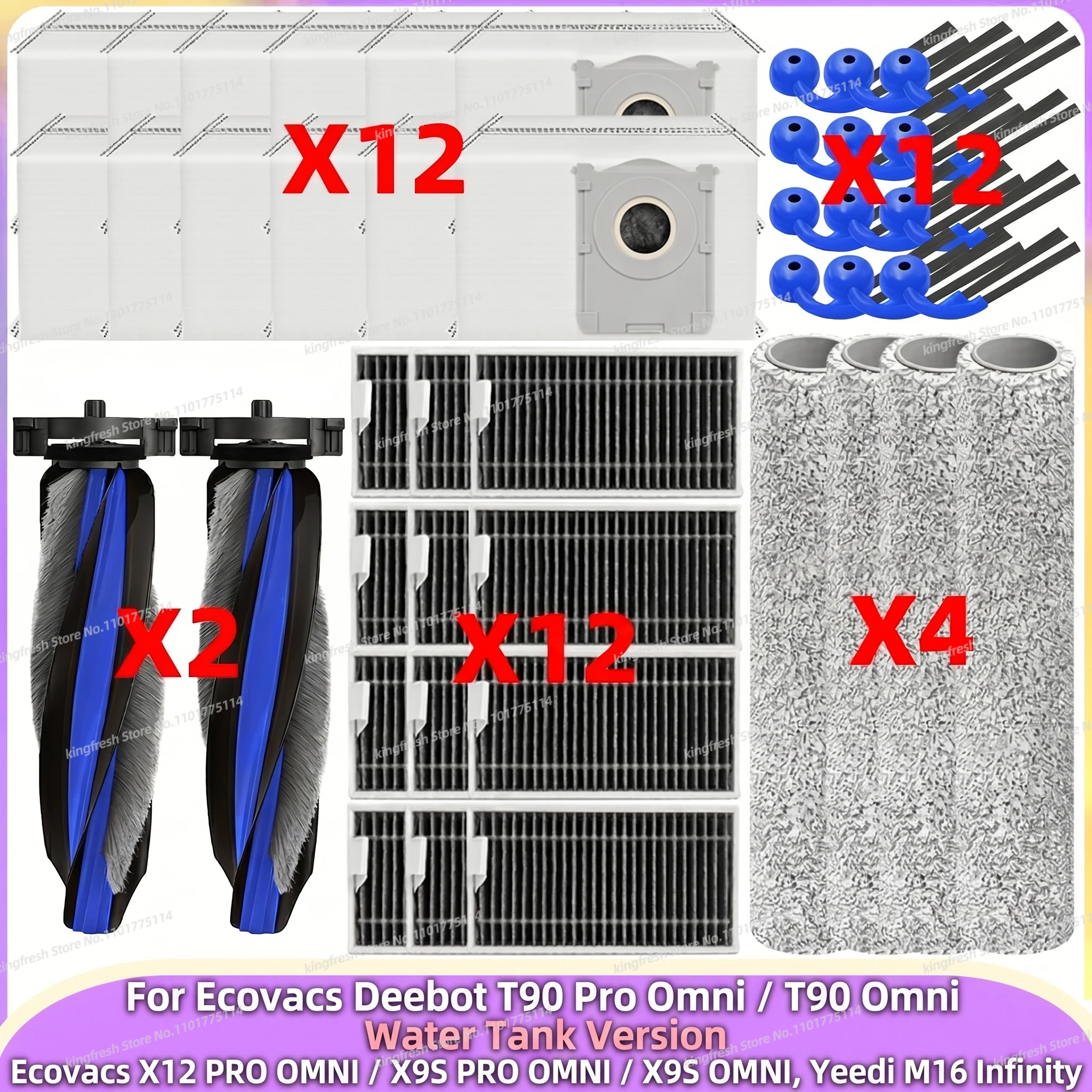 Compatible avec Ecovacs T90 Pro Omni / T90 Omni - avec Réservoir d'eau, Ecovacs X12 PRO OMNI / X9S Pro Omni / X9S Omni, Yeedi M16 Infinity Brosse principale Brosse latérale Filtre Sac à poussière