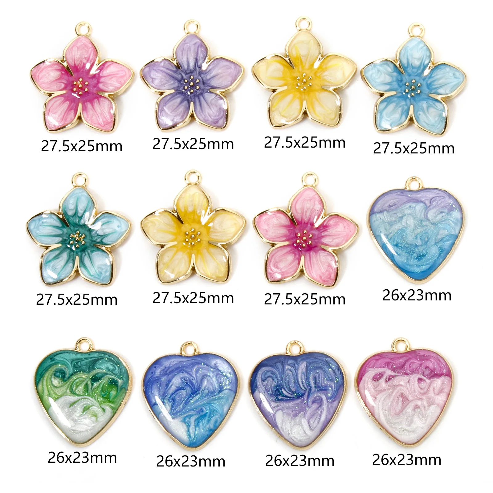 5 PCs Zinc Based Alloy Charms For Jewelry Making Gold Color Gradient Color Multicolor Pearlized Flower Heart Enamel Pendants DIY