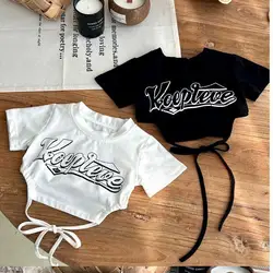 Girls Summer Short Sleeved T-shirts Children Summer Back Tie Up Top Sweet Girl Children Clothing Girl Baby Letter T-shirt Trendy