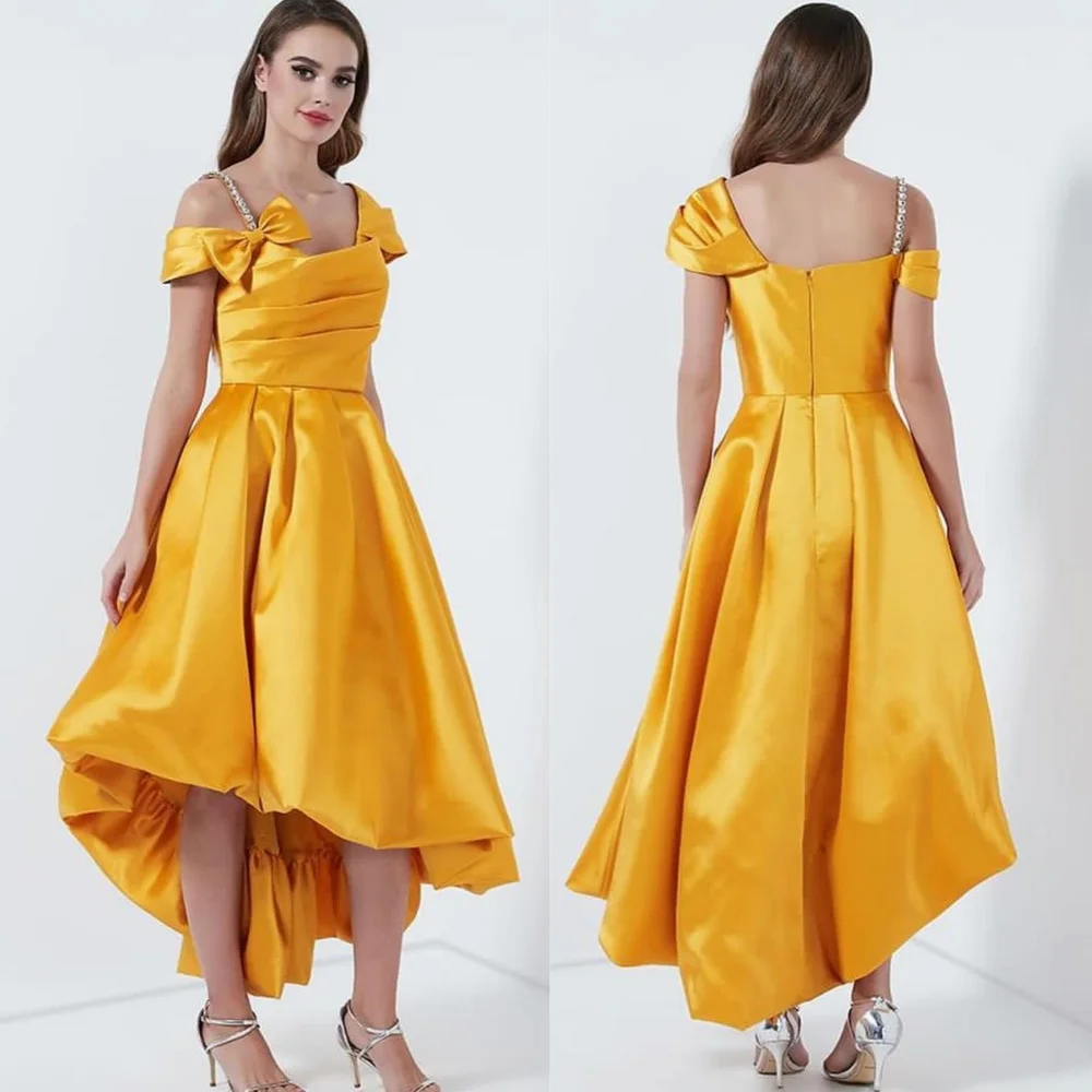 

Jiayigong Evening Satin Bow Draped Pleat Beach A-line Off-the-shoulder Bespoke Occasion Gown Hi-Lo Dresses