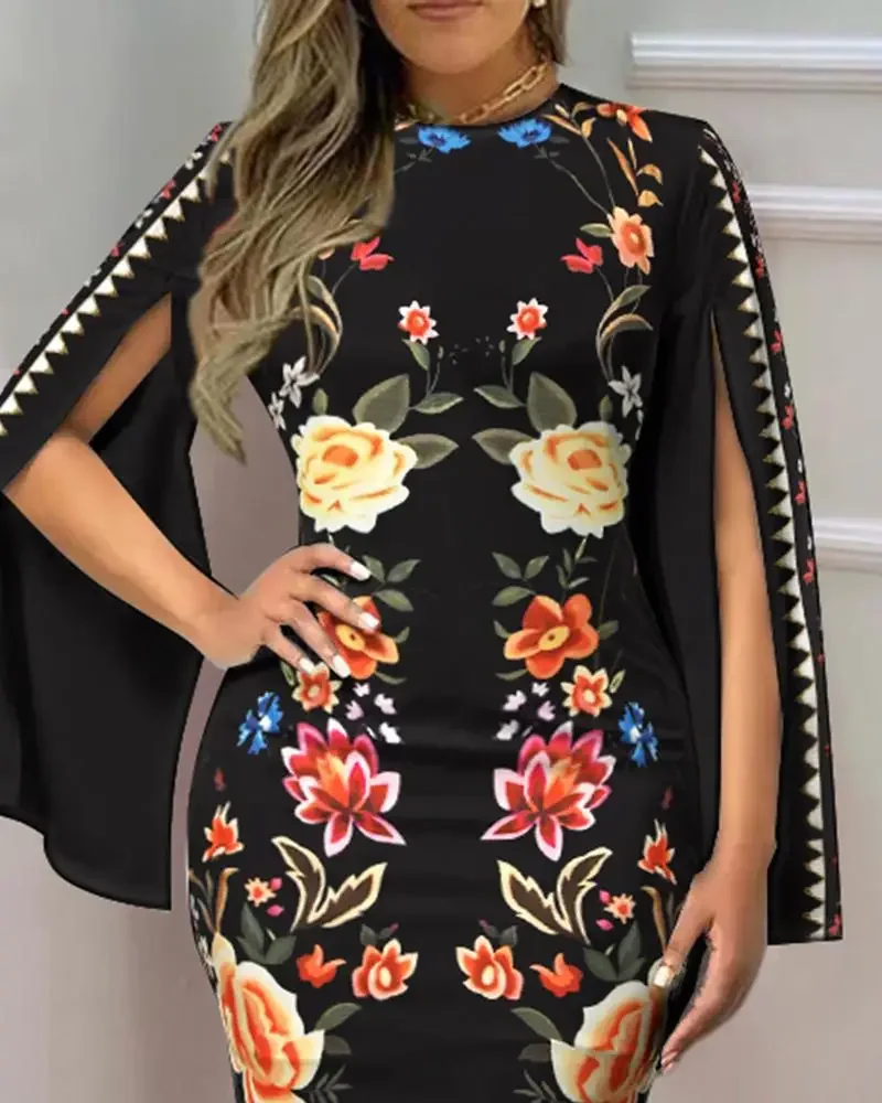Damenkleid mit V-Ausschnitt, ausgestellten Ärmeln und geometrischem Golddruck, figurbetontes Midikleid, elegantes, schmales Outfit für Teepartys und formelle Anlässe – Detail 12