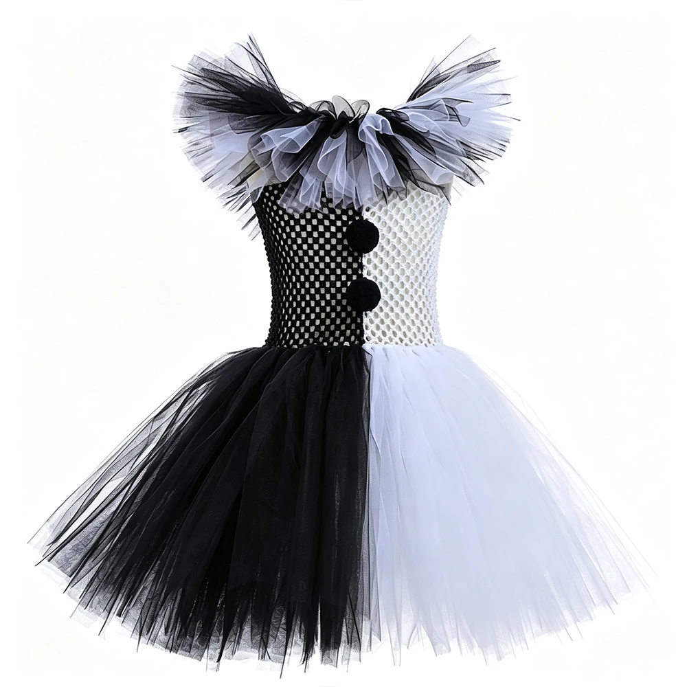 Mädchen Halloween Clown Kostüm Kleid Kinder Schwarz Weiß Gruseliger Clown Kleid mit Hut Socken Handschuhen Set Karneval Cosplay Party Outfit – Detail 3