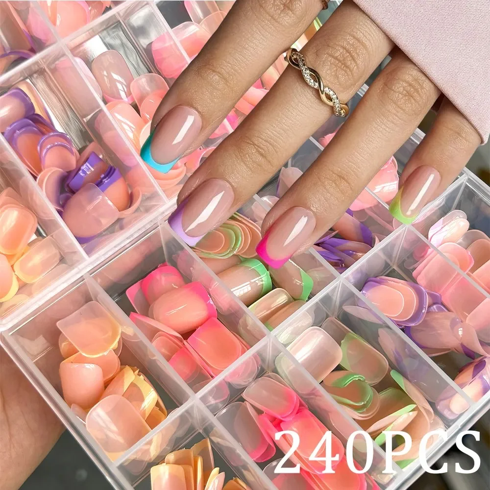 

240PCS Candy Color French Short Square False Nails Pink/Green/Purple Full Cover Macarons Press On Nails DIY Artificial Manicure