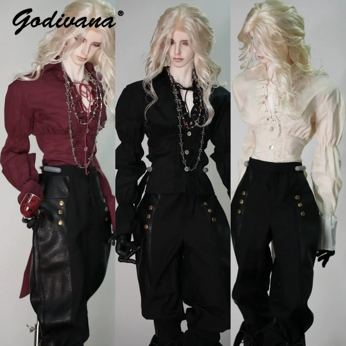 Vintage Gothic Vampire BJD Onkel-Puppen-Outfit, 3-farbige Option, Puffärmel, Schnürhemd, Puppenkleidung für 1/4 männliche Puppe, 77 cm Onkel