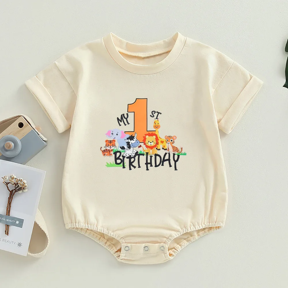 It\'s My First Birthday Print Baby Boy Bubble Romper Short Sleeve Oversized Bubble Bodysuit Birthday Party Infant Clothing