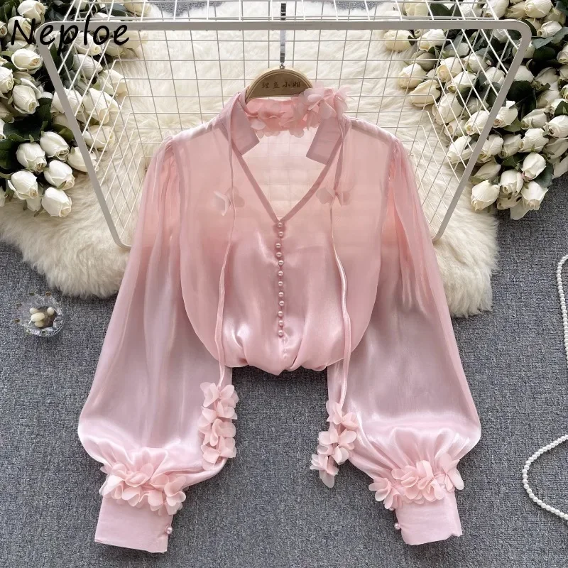 

Hikigawa Chic Fashion Women French Vintage Gauze Thin Translucent Sexy Blouse Solid V Neck Long Sleeve Satin Shirt Tops Mujer