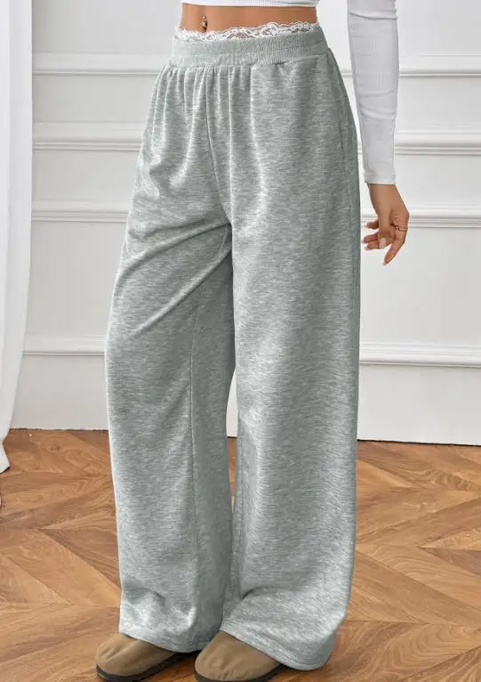 Women's Fashion Long Trousers Autumn New Female Daily Clothing Lace Splicing Fake Two Piece Casual Straight Pants for Women