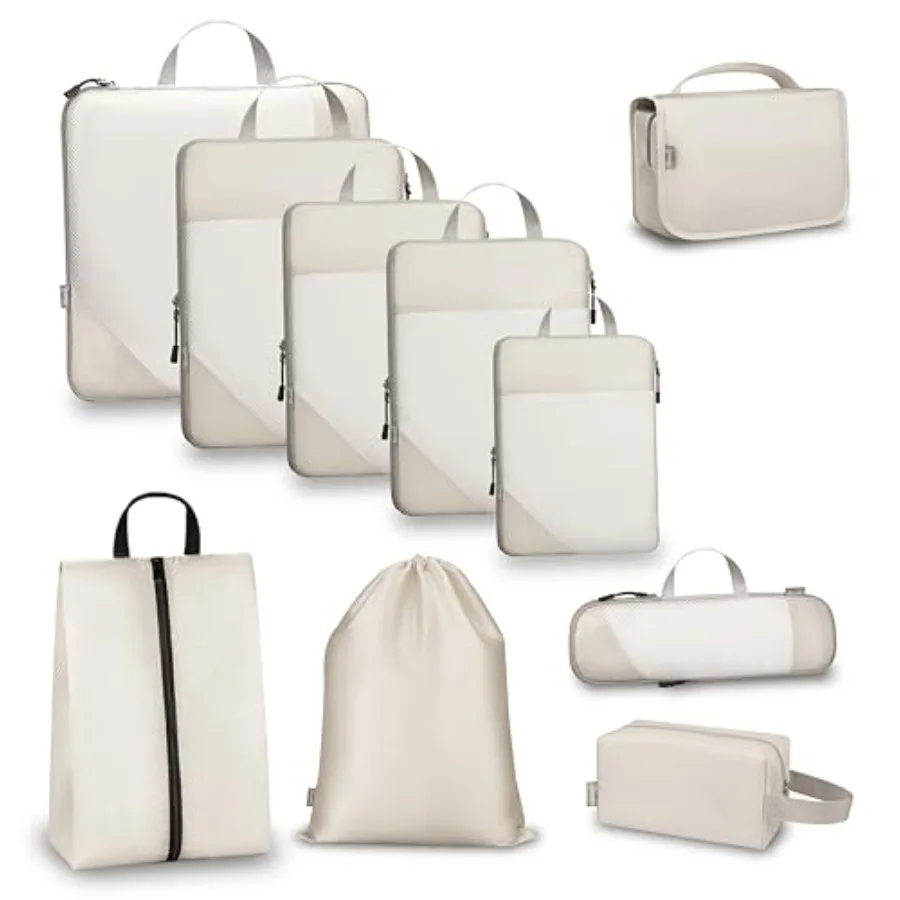 

Compression Packing Cubes for Travel Set of 10 Expandable Luggage Organizers with White Mesh Lightweight Polyester Ox Suitcase