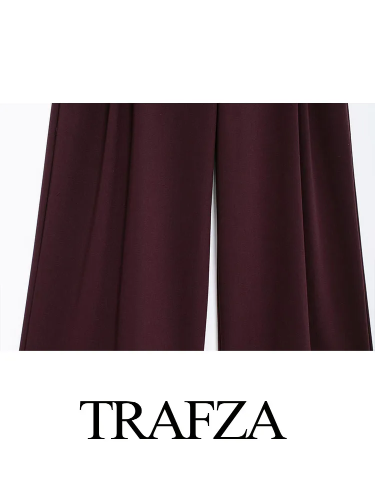 TRAFZA Autumn New Fashion Women Long Pants Wine Red High Waist Pockets Zipper Trousers Female Casual Folds Wide Leg Pants